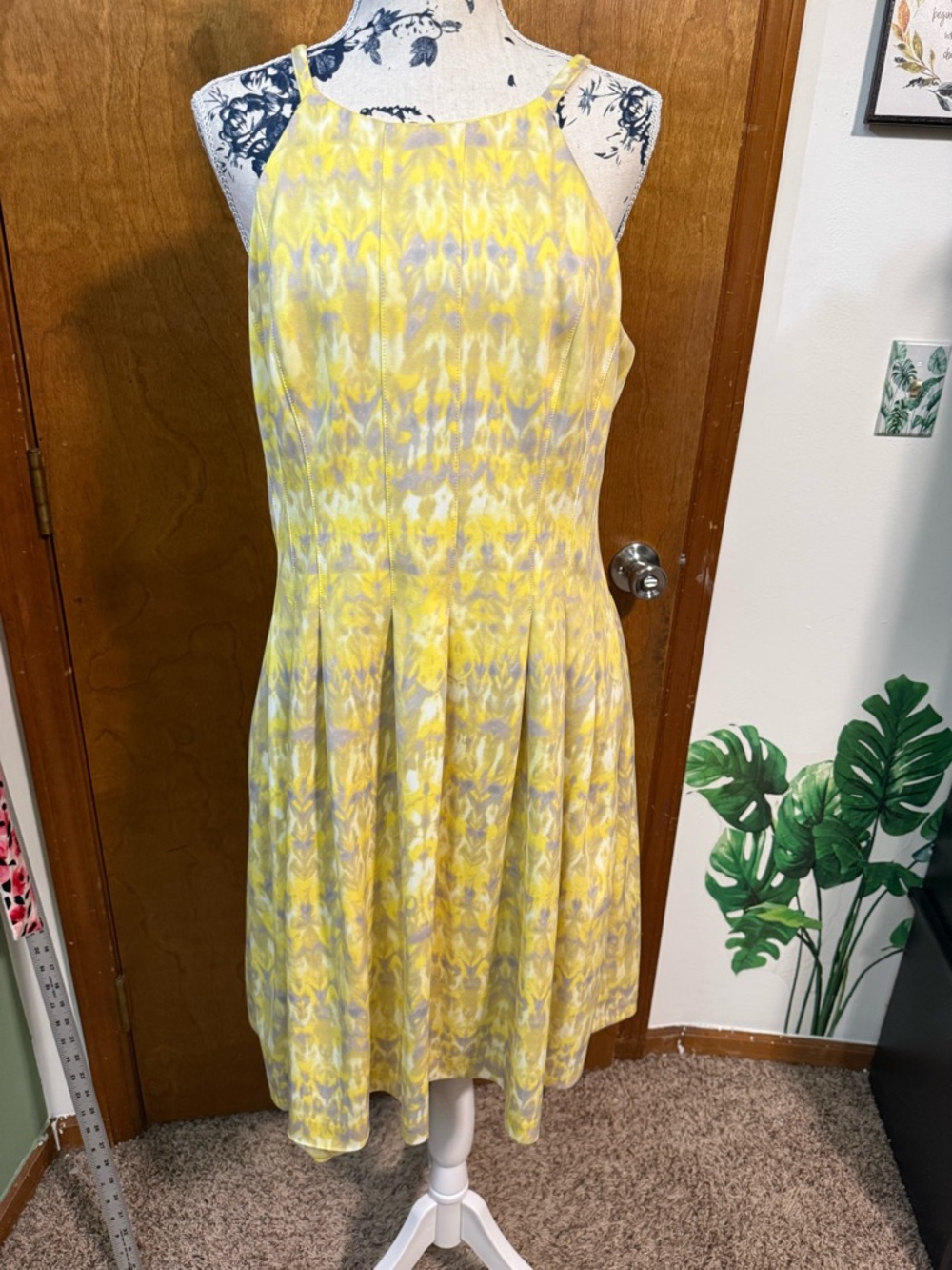 Calvin Klein yellow tie-dye fit and flare scuba dress sleeveless size 10